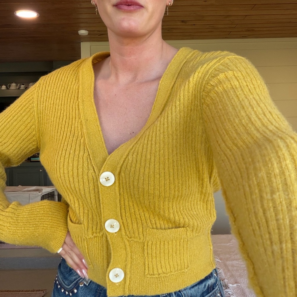 Free People Yellow Button-Up Cardigan